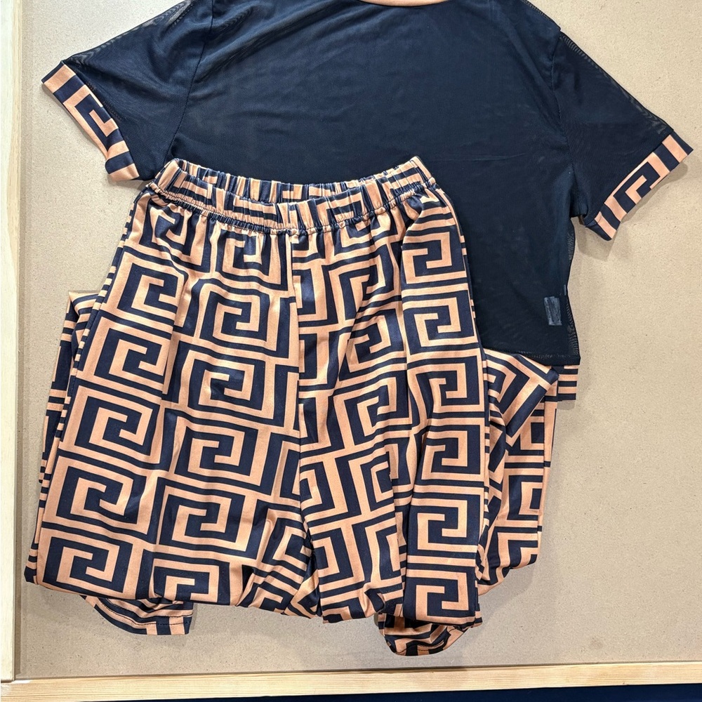 Black and Tan Geometric Patterned Loungewear Set